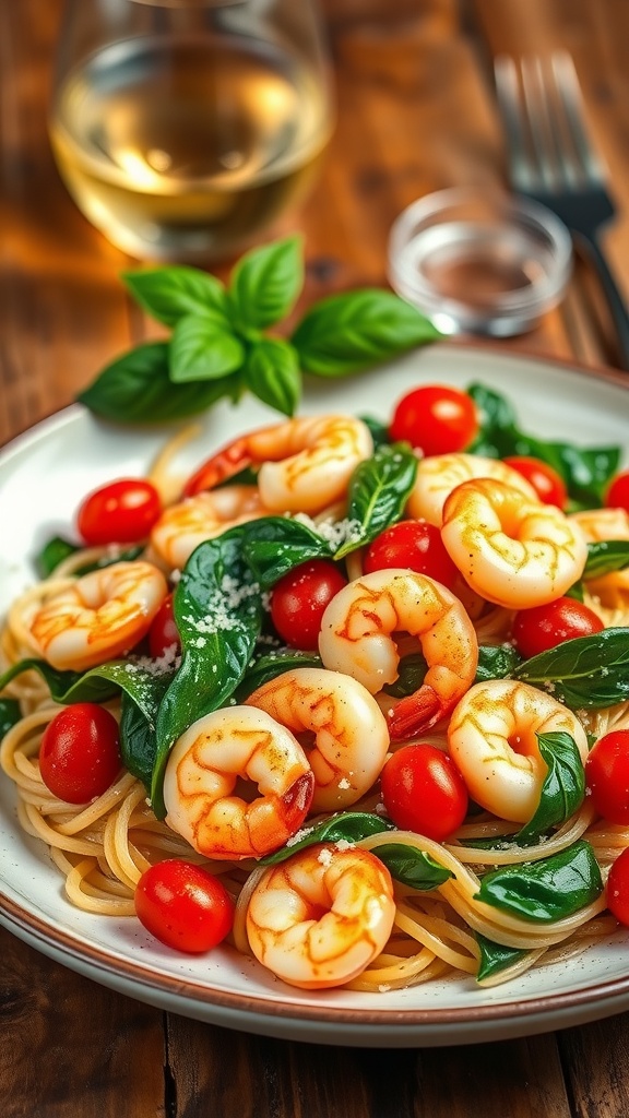 Garlic Shrimp and Spinach Pasta with Tomatoes Recipe Garlic shrimp and spinach pasta with tomatoes, topped with Parmesan cheese and basil on a rustic table.